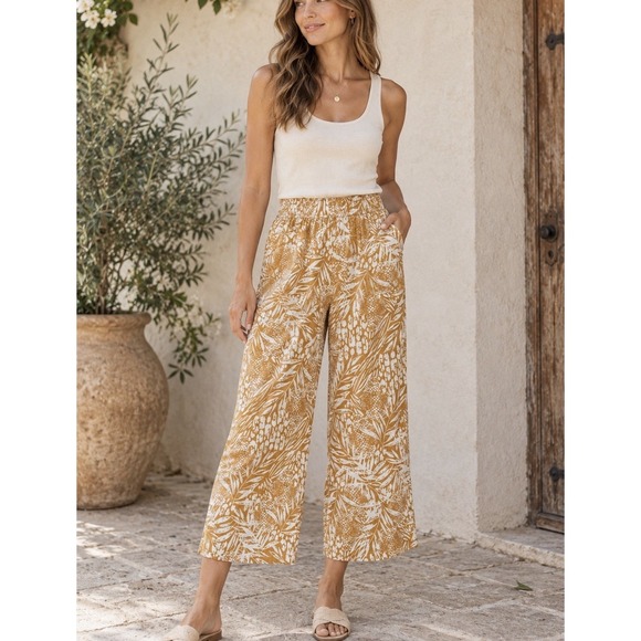 Christian Siriano Pants - Christian Siriano 100% Linen Mustard Wide Leg Palazzo Pants Sz L Floral Boho